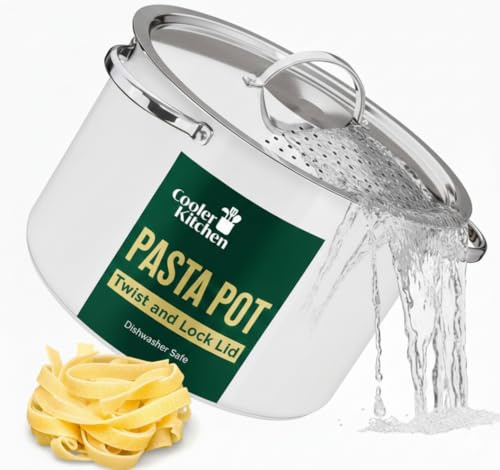 Cooler Kitchen White Pasta Pot with Strainer Lid - 5.2 Litre Large Spaghetti Pot - Twist & Lock for Easy Drain & No Colander Or Strainer Basket Insert Needed - Dishwasher Safe Pots