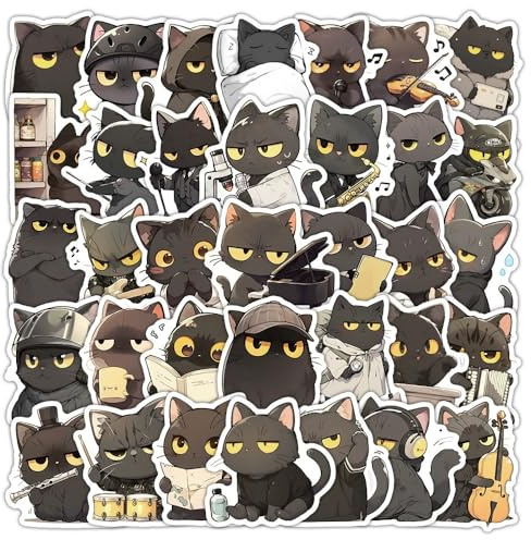 Bric Dodo 50 Stück Schwarze Katze Aufkleber Auto Laptop Telefon Gitarre Skateboard Motorrad Fahrrad Tiere Katze Stickers Set Vinyl Wasserdicht Aesthetic Aufkleber für Jugendliche Kinder Erwachsene