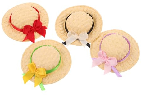 Besportble 4 StüCk Handgewebte Mini-StrohhüTe FüR Puppen Kleine Miniatur-Puppen-StrohhüTe Und Mini-Zylinder Leichte Bastel-Accessoires FüR Puppenhausdekoration Und Fotografie