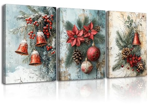 Piy Painting 3 Teilig Winter Wandbild auf Leinwand, Glocken Leinwandbilder Wohnzimmer, Bilder Mit Rahmen, Dekorative Gemälde Für Wohnzimmer Geschenke Büro Schlafzimmer 30x40 cm