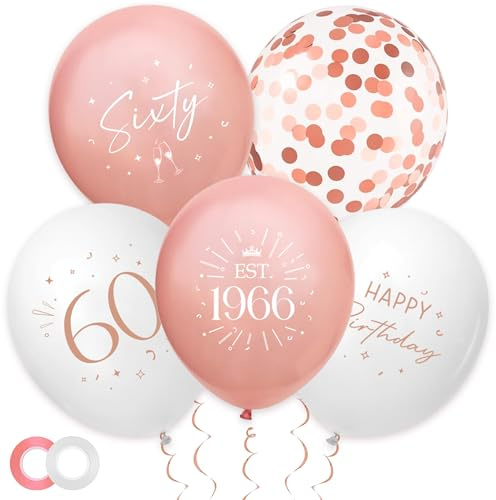 Sroeeshee 30Pcs 60th Birthday Balloons Decorations - Rose Gold 60 Party Decor for Women Sixty Balloon with Ribbon, Retro Vintage Classic EST.1966 Happy 60th Birthday Decoration