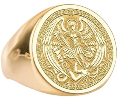 LKBEADS Erzengel Michael aus 925er Sterlingsilber | Vergoldeter Ring | Siegelring in runder Form, 15 x 15 mm | Bandgröße US 5–12,5 Avelaibal | LKDR_0671