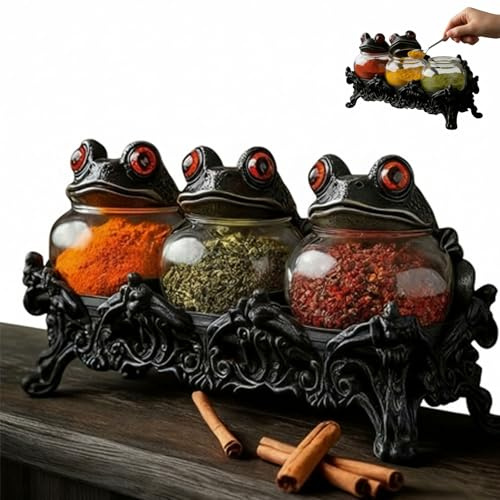 Handcrafted Witchy Frog Apothecary Spice Jars,Witch Frog Apothecary Spice Jars,Gothic Glass Storage Jar with Frogs Lids, Funny Frogs Food Storage Jar Kitchen Decor Display Bottle for Spices, Salts