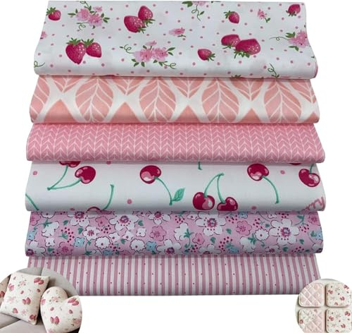 6er Set Baumwollstoff – Stoffe zum Nähen, Patchwork Stoffe, Stoffreste – DIY Stoff für Basteln, Quilten, Deko & Puppenkleidung–100 % Baumwolle, Verschiedene Designs (Pink #2 Strawberry, 50 * 50CM)