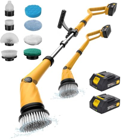 Qimedo Elektrische Reinigungsbürste 1500 U/min, IPX7, 8 Köpfe, Kabellos | 2× 2000 mAh Akku, Verstellbarem Griff, Elektrische Fliesenreiniger Putzbürste Cleaning Brush für Bad Dusche Fliesen Fugen