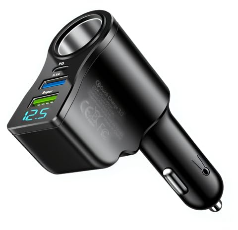 4-in-1 Cigarette Lighter USB Charger Splitter, 12V/24V Car Adapter Multi Socket with PD3.0 & QC3.0 Fast Charge, 4-Port Hub with LED Voltage Display Compatible with Phone GPS Dash Cam