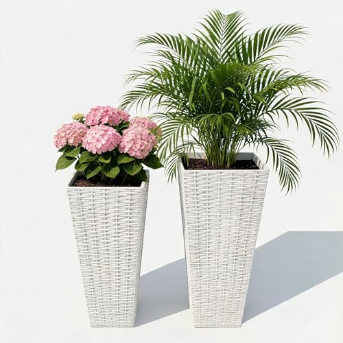 WEJIUAFB Hohe Rattan-Blumentöpfe 2er Set – Höhe 60cm&81cm Große, Moderne, wetterfeste Pflanzkübel mit Inneneinsatz & Abfluss – Für Bäume, Blumen, Terrasse & Garten