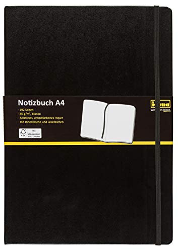 Idena 10053 - Notizbuch DIN A4, blanko, Papier cremefarben, 192 Seiten, 80 g/m², Hardcover in Schwarz