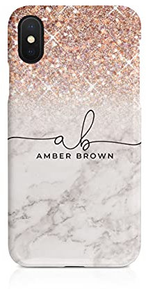 Tirita Personalised Phone Case for iPhone X & Xs – Hard Case or Cover With Custom Name or Initials – Cute Personalised Gift for Women or Girls [29. Marble Rose Gold Sequins]