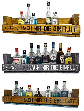  Nach mir die Ginflut  SHaBBY ViNTaGe PaLeTTeNReGaL (HxLxT: 23x8ox9,5cm) Ginregal Wandbar Barelement Weinregal Flaschenhalter für Gin Rum Wein Whisky Whiskey Flaschenregal personalisierbar