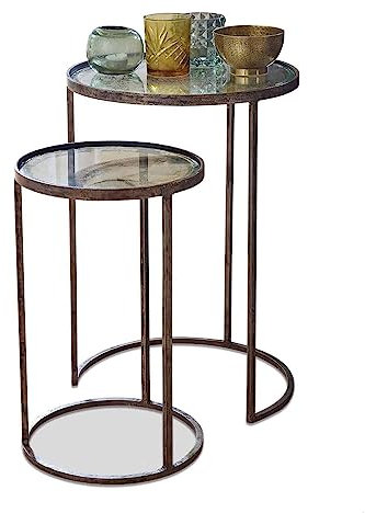 Loberon Beistelltisch 2er Set Manda, Zwei Größen, Platzsparend Ineinander Schiebbar, Rustikaler Look, Couchtisch, Sofatisch, Beistellmöbel, Eisen, Glas, antikbraun