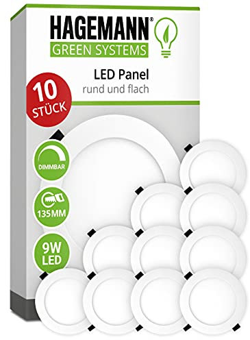 HAGEMANN® 10 x dimmbare LED Spots Einbauleuchten rund 9 Watt 890lm IP20 – Ø 135mm Bohrloch 230V Einbaustrahler – LED Deckenspots ersetzen 75 W Halogen