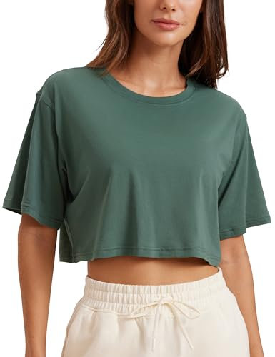 CRZ YOGA Damen Sport T-Shirt Kurzarm Sommer Fitness Crop Oberteile Crew Neck Leichte Yoga Top Atmungsaktiv Laufshirt Graphitgrün 40