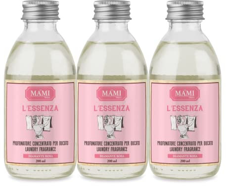 Mami Milano Profumatore per il Bucato Diamante Rosa, Confezione da 3x200ml, Bottiglia in Vetro - Profumo Lussuoso e Duraturo, Ideale per Tessuti Delicati, Design Elegante