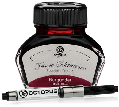 Octopus Fluids Füllhaltertinte im Tintenglas inklusive Konverter, Schreibtinte für Füllhalter, Füllertinte in Burgunder 30ml mit Tintenkonverter