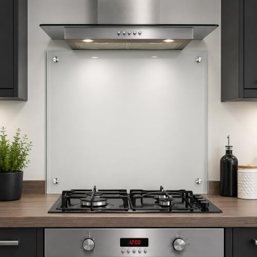 Clear Glass Kitchen Splashback – 6mm Toughened Heat-Resistant Glass, Polished Edges, Pre-Drilled Holes & Chrome Fixings, Hob & Cooker Wall Protector (90 x 60cm)