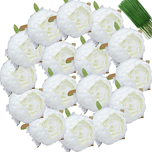 FagusHome 25 Stück Künstliche Pfingstrose Blumen Köpfe 10CM Seide Künstliche Blumen mit Stielen Jahrgang Blumen für Dekor (Weiß)