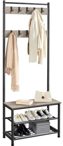 Yaheetech Portemanteau, Meuble d’Entrée avec Étagère à Chaussures à 3 Niveaux, Armature métallique Rigide, 9 Crochet Mobiles pour Manteau Parapluie Chapeau Écharpe Gris
