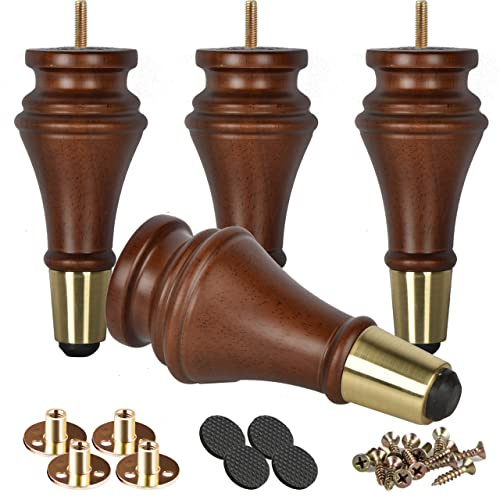 Btowin 15cm Holz Möbelfüße, 4 Stück Walnuss Spindel Massivholz Tischbeine Kugelfüße mit Gold Messing Abdeckung & M8 Bolzen & Montageplatten & Schrauben für Sofa Schrank TV-Ständer Ottomane Couch