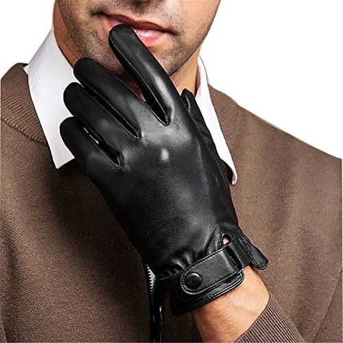 Herren Echtleder Handschuhe Touchscreen Lederhandschuhe Winter Warm Kaschmir Gefüttert Schaffell Fahren Handschuhe, Schwarz , M