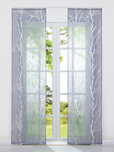 HeichkelL Transparent Schiebegardinen Modern Flächenvorhänge Ausbrenner Äste Muster Schiebevorhang mit Panellwagen und Beschwerungsstäben 2 Stück Grau BxH 57x175 cm