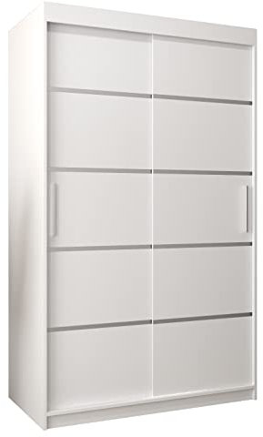 MEBLE KRYSPOL Schwebetürenschrank Verona 1 120 cm Kleiderschrank mit Kleiderstange und Einlegeboden Schlafzimmer- Wohnzimmerschrank Schiebetüren Modern Design (Schubladen: 0, Weiß)