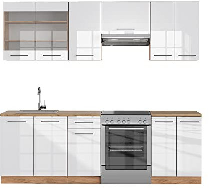 Vicco Küchenzeile Fame-Line, Weiß Hochglanz/Goldkraft Eiche, 240 cm ohne Arbeitsplatte