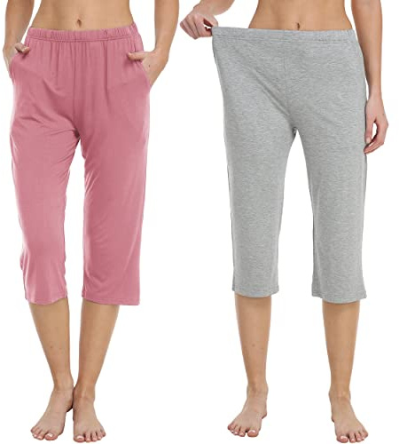 MoFiz Damen Schlafanzughose 3/4 Lang Schlafhose Modal Nachtwäsche Weich Pyjamahose Freizeithose mit Taschen