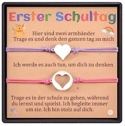 CheersLife 2 Pcs Erster Schultag Armband Geschenke Herz Armbänder Set für Mama und Tochter einstellbare Mama und mir Schmuck Zurück zu Schule Armband Geschenke für Mädchen Jungen (Rose rot & lila)