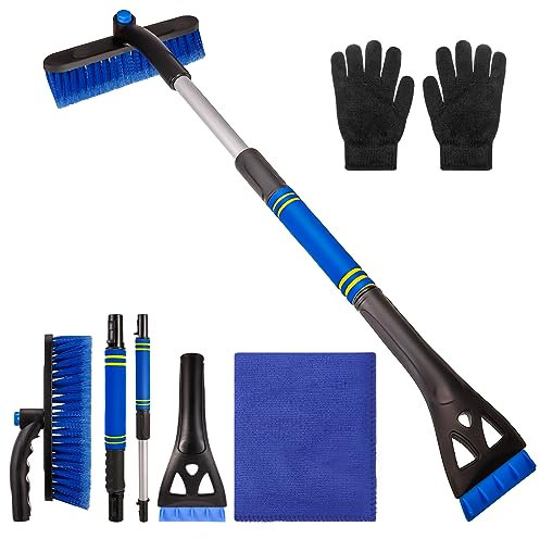 Firtink Eiskratzer Auto mit Besen,3in1 Auto Reinigungsbürste Schneeschaufel Schneebürste ausziehbarer Schneekratzer und Bürste mit Schaumstoffgriff für Windschutzscheibe, Fenster(Blau)