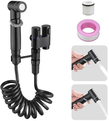 Hand-Bidet-Sprühgerät für Toilette, 1-in-2-Out-Doppel-Steuerventil, Bidet-Aufsatz, verstellbare Wasserdruckkontrolle, Handsprüh-Set für weibliche Wäsche, Haustier, Tuch (schwarz)