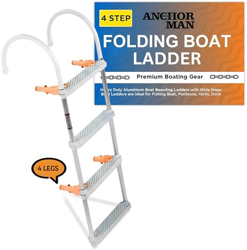Anchor-Man Aluminum 4-Step Boat Ladder - Heavy-Duty, Anti-Slip, Silver Gray, Fits Inflatable, Jon, Fishing, Bass, Pontoon, Yacht Boats