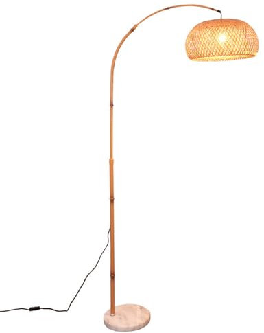 KSHSAA Lampadaire d'intérieur Boho tissé à la main en arc de bambou pour salon, chambre à coucher, coin de bureau, lampe de lecture rustique en rotin avec base en marbre réglable en hauteur