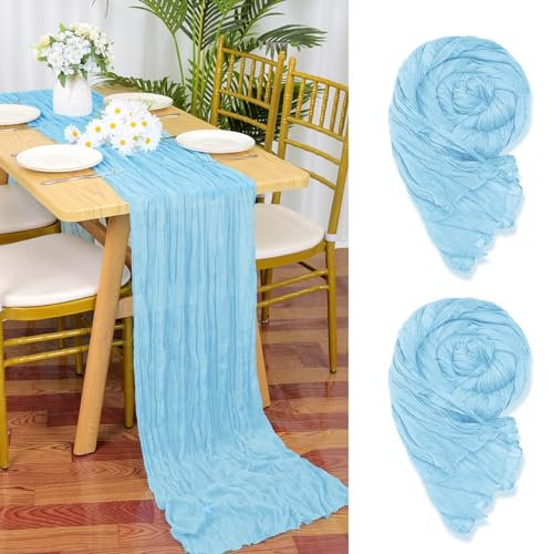 2 Stück Seihtuch Tischläufer Babyblau,90 x 300 cm Hell Blau Rustikaler Gaze Stoff Boho Tischläufer Käsetuch Cheesecloth Tischläufer Hochzeit Tischdecke für Hochzeitsfeier Brautparty Tischdekoration