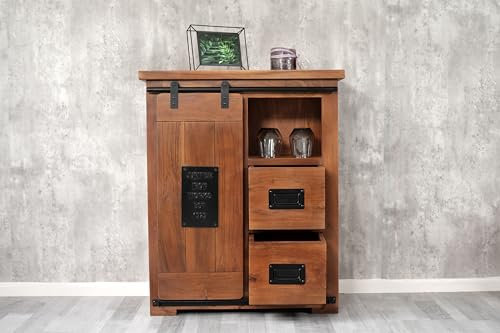 SAM Sideboard Libro I, Akazienholz massiv + nussbaumfarben, Kommode mit Holzschiebetür, 2 Schubladen & 3 offenen Fächern, Türelemente & Reling aus Eisen, 75 x 90 x 36 cm