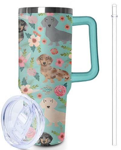 Lumumanber 1,2 l Dackel-Becher mit Griff und Strohhalm, Reisebecher aus Edelstahl, isolierter Becher mit Deckel und Strohhalm, Geburtstags- und Weihnachtsgeschenke