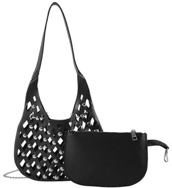 CORIOS Damen PU Leder Schultertaschen Punk Nieten Handtasche Openwork Umhängetaschen Große Messenger-Tasche Einzigartig Tote Beutel Mode Henkeltaschen Tragetasche Schwarz