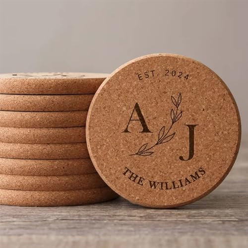 gume Dessous de verre en bois gravés personnalisés, sous-verres en liège personnalisés, cadeau de mariage, dessous de verre personnalisés avec logo (50 pièces, diamètre 10 cm)