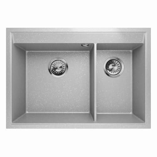 Granitspüle Doppelbecken Küchenspüle Einbauspüle Spülbecken Siphon Restbecken 2-1,5 Becken Frame 2.5 (Grau)