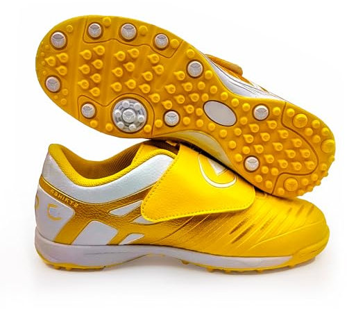 ➤ Scarpe da Calcio per Ragazzi Senza Lacci Scarpe da Calcio per Erba Sintetica Micro Borchie Chiusura con Gancio e Anello Scarpe Sportive per Bambini Giallo Oro Bianco Taglia 33