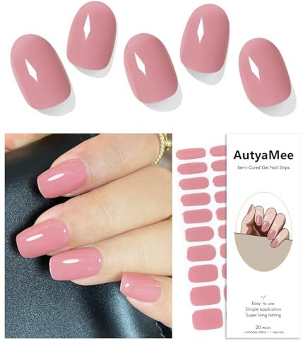 AutyaMee Semi Cured Gel Nail Strips (Vintage Rose), Cream Red, 20 Pcs Gel Nail Wraps, Stickers, UV Light Required, Salon Quality, Long Lasting