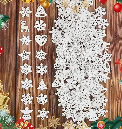 154 Stücke Weihnachtsdeko Schneeflocken Holz Weiß, Weihnachtsanhänger Schneeflocken Deko Klein Weihnachten Holzanhänger für DIY Basteln Weihnachten Tischdeko Winterdeko Baumschmuck Christbaumschmuck