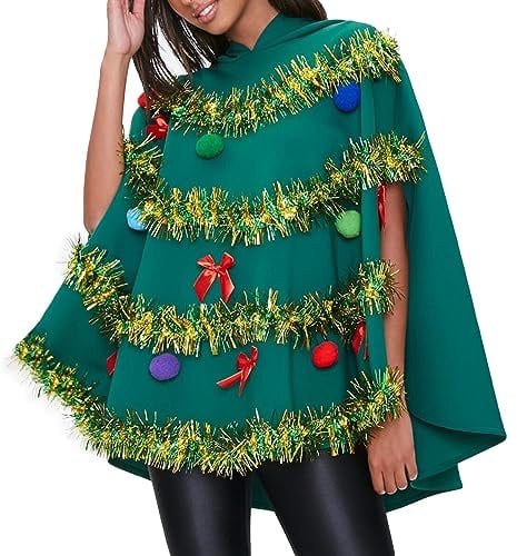 Nicoxijia Weihnachtsbaum-Kostüm für Damen, Farbblock-Schleife, glänzender Poncho, Kapuzenumhang, lustig, Weihnachten, Cosplay, Party, Requisite, Outfits, Geschenke (Grün, M)