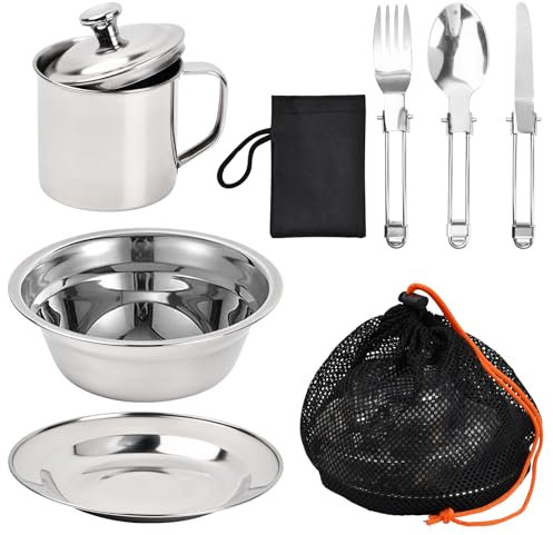 Dokeno 8 en 1 Juego de Cubiertos para Acampar, Juego de Platos y Cubiertos para Camping, Vajilla de Acero Inoxidable Portátil,Kit de Picnic con Placa Tazon Tenedor Cuchara Cuchillo Taza y Bolsa de Red