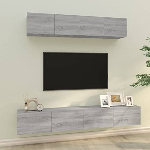 IKAYAA Wohnwand Set Wohnzimmer Hängend Wohnwand Modern Wohnzimmer Schrankwand Wohnzimmer Möbel TV Board Hängend TV Lowboard Hängend Grau Sonoma 4-TLG-Type-7