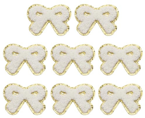 sourcing map 8 Pcs White Bow Chenille Patches, Iron on Patches Gold Edges Bow Patches Applique Sew on Patch for Clothing DIY Crafts Hats Backpack Clothes Dress Pants Jeans