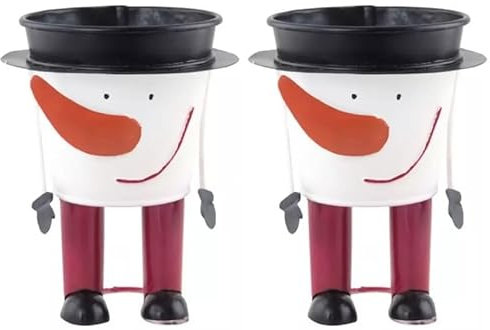 Muddy Hands Set of 2 - Christmas Snowman Metal Tin Plant Pots Planters Cover Stand Holder Xmas Storage Bucket Decoration