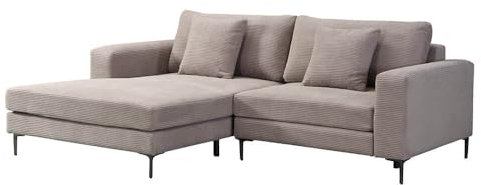 Home Deluxe Sofa BELLANO Beige M 238 x 188 x 94 cm - Ottomane: Links | inkl. Zierkissen Cordsofa, L – Form Sofa, Ecksofa, Cordstoff