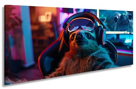 Leinwandbild Zocker-Faultier – entspannt im Neonlicht des Spiels. Panorama 100x50cm XXL Kunstdruck Bild auf Keilrahmen/Wandbild/Wohnzimmer Dekoration