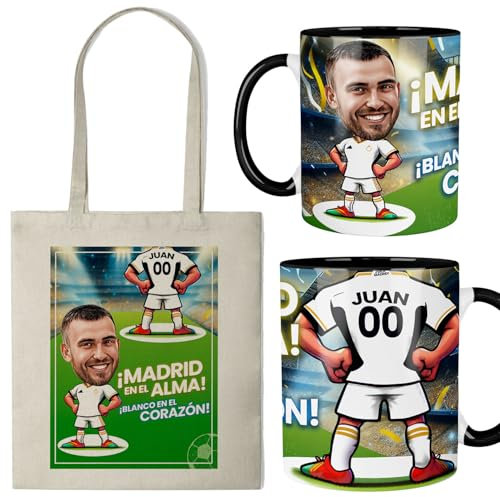 Kembilove® Taza personalizada fútbol con caricatura y bolsa | regalo original para fan de fútbol | personaliza nombre número y equipo | detalle ideal para cumpleaños (MADRID)